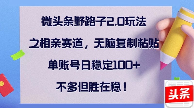 微头条野路子2.0玩法之相亲赛道,无脑复制粘贴,单账号日稳定100+,不…-一个公司创业项目 - 淘金吧