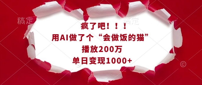 疯了吧!用AI做了个“会做饭的猫”,播放200万,单日变现1k-一人公司创业项目 - 淘金吧