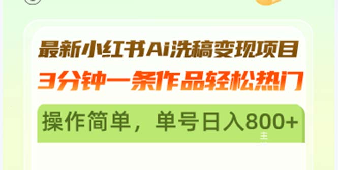 最新小红书Ai洗稿变现项目 3分钟一条作品轻松热门 操作简单，单号日入800+-一人公司创业项目 - 淘金吧