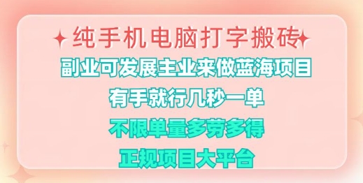 纯手机电脑打字搬砖,有手就行,几秒一单,多劳多得,正规项目大平台【揭秘】-一人公司创业项目 - 淘金吧