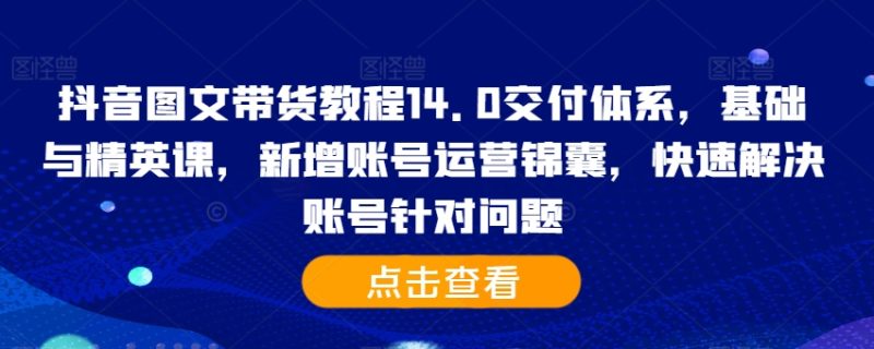 抖音图文带货教程14.0交付体系,基础与精英课,新增账号运营锦囊,快速解决账号针对问题-一人公司创业项目 - 淘金吧