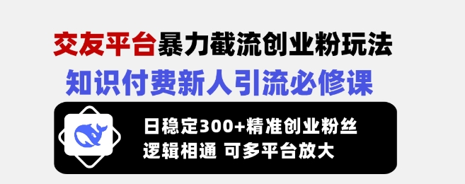 交友平台暴力截流创业粉玩法，知识付费新人引流必修课，日稳定300+精准创业粉丝，逻辑相通可多平台放大-一人公司创业项目 - 淘金吧