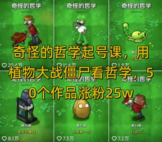 奇怪的哲学起号课，用植物大战僵尸看哲学，50个作品涨粉25w，暴力撸收益，全平台均可发布-一人公司创业项目 - 淘金吧