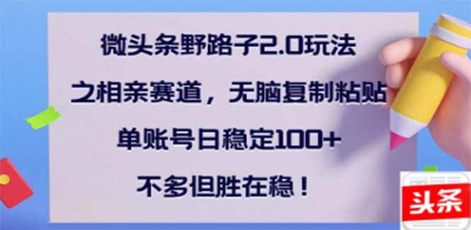 微头条野路子2.0玩法之相亲赛道，无脑搬砖复制粘贴，单账号日稳定300+…-一人公司创业项目 - 淘金吧