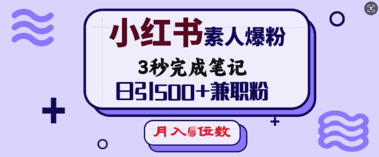 小红书素人爆粉,3秒完成笔记,日引500+兼职粉,月入5位数-一人公司创业项目 - 淘金吧