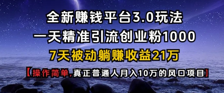 全新赚钱平台3.0玩法一天精准引流创业粉1000.7天被动躺Z收益21W【仅揭秘】-一人公司创业项目 - 淘金吧