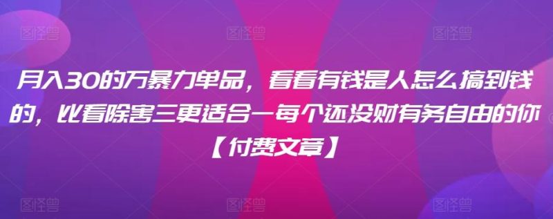 月入30的万暴力单品,看看有钱是人怎么搞到钱的,比看除害三更适合一每个还没财有务自由的你【付费文章】-一人公司创业项目 - 淘金吧