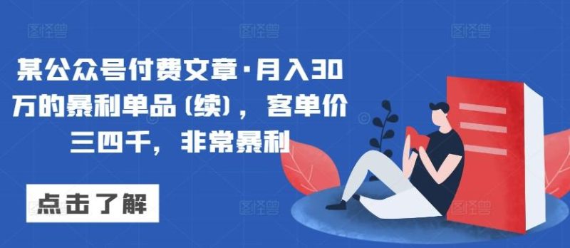 某公众号付费文章·月入30万的暴利单品(续)，客单价三四千，非常暴利-一人公司创业项目 - 淘金吧