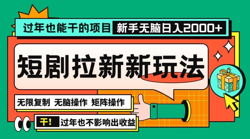 过年也能干的项目，2024年底最新短剧拉新新玩法，批量无脑操作日入2000+！-一人公司创业项目 - 淘金吧