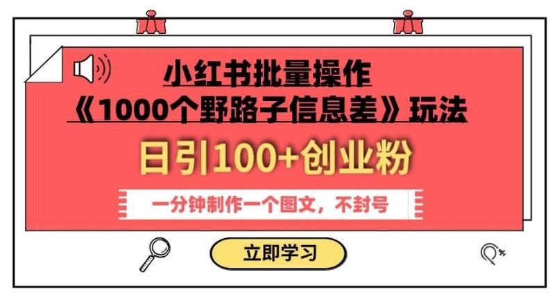 小红书批量操作《1000个野路子信息差》玩法，一分钟制作一个图文，不封号，日引100+创业粉-一人公司创业项目 - 淘金吧
