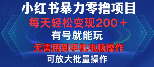 小红书暴力零撸项目，有号就能玩，单号每天变现1到15元，可放大批量操作，无需手机电脑操作【揭秘】-一人公司创业项目 - 淘金吧