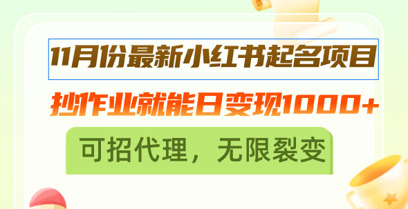 11月份最新小红书起名项目，抄作业就能日变现1000+，可招代理，无限裂变-一人公司创业项目 - 淘金吧