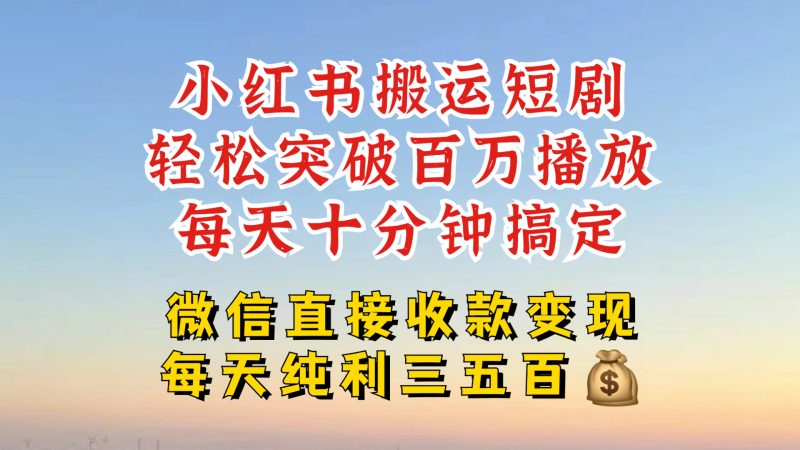 小红书搬运热门短剧,轻松爆流百万播放,每天引流几十人,搞个大几百块真的很简单-一人公司创业项目 - 淘金吧