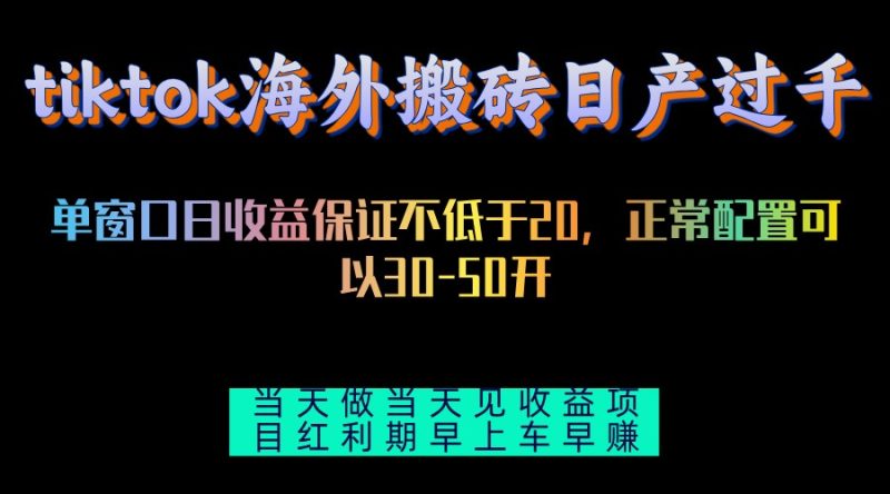 tiktok海外搬砖项目单机日产过千当天做当天见收益-一人公司创业项目 - 淘金吧