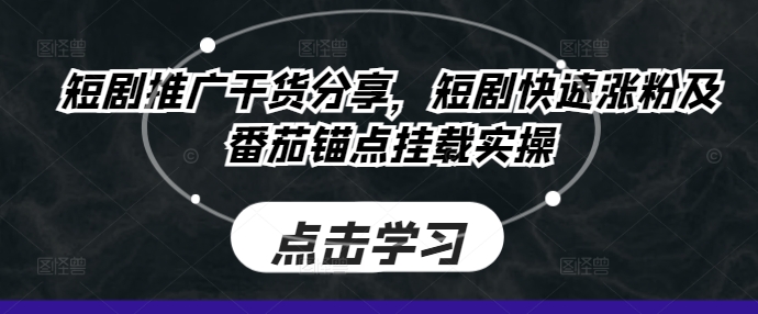 短剧推广干货分享，短剧快速涨粉及番茄锚点挂载实操-一人公司创业项目 - 淘金吧
