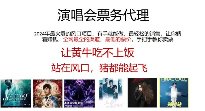 演唱会票务代理，2024年最火爆风口项目，全网最低的票价，小白一分钟上手日入2000+-一人公司创业项目 - 淘金吧