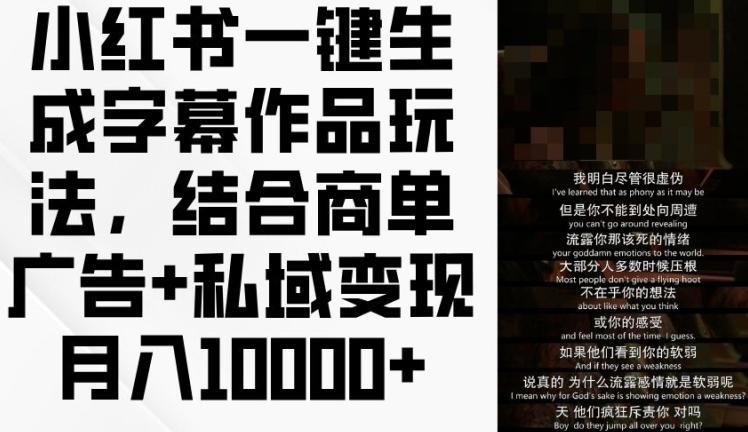 小红书一键生成字幕作品玩法，结合商单广告+私域变现月入1w+【揭秘】-一人公司创业项目 - 淘金吧