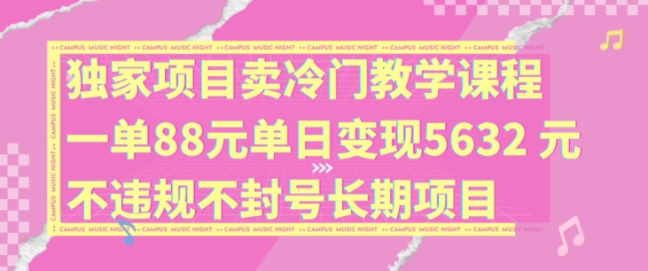 独家项目卖冷门教学课程一单88元单日变现5632元违规不封号长期项目【揭秘】-一人公司创业项目 - 淘金吧