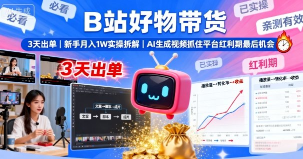 B站好物带货,3天出单,新手月入1W实操拆解,AI生成视频,抓住平台红利期最后机会-一人公司创业项目 - 淘金吧