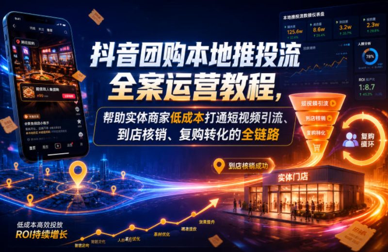 抖音团购本地推投流全案运营教程,帮助实体商家低成本打通短视频引流、到店核销、复购转化的全链路-一人公司创业项目 - 淘金吧