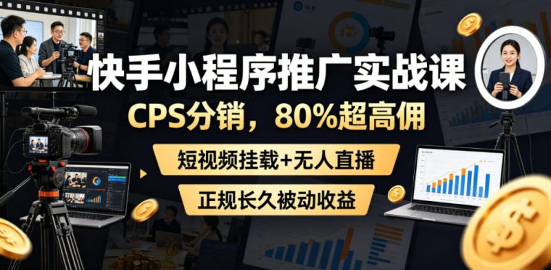 快手小程序推广实战课,CPS分销,80%超高佣,短视频挂载+无人直播,正规长久被动收益-一人公司创业项目 - 淘金吧