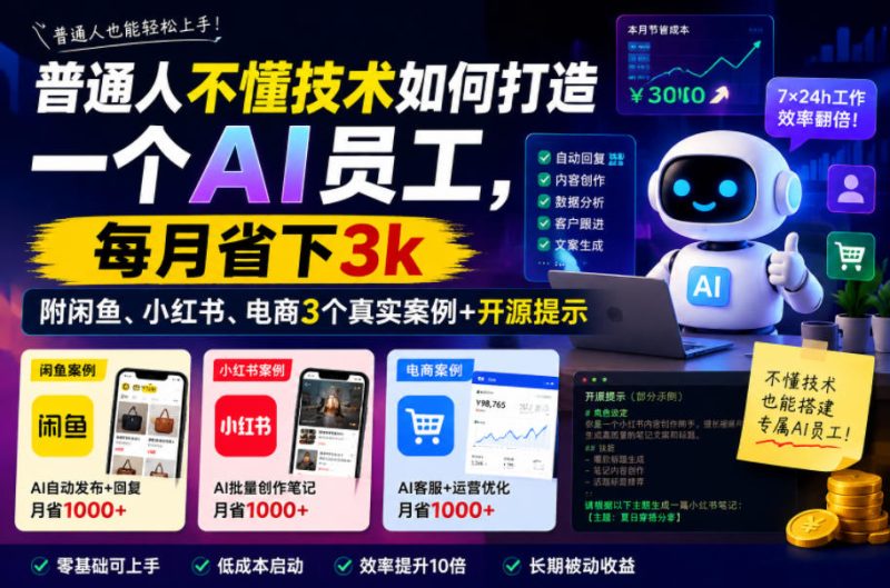 普通人不懂技术如何打造一个AI员工,每月省下3k,附闲鱼、小红书、电商3个真实案例+开源提示【文档】-一人公司创业项目 - 淘金吧