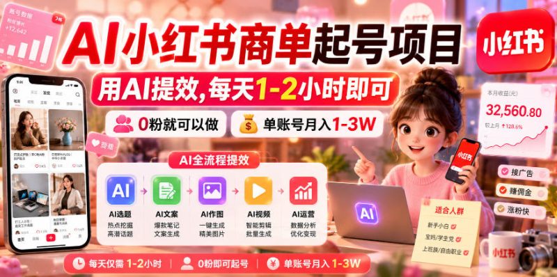 AI小红书商单起号项目,用AI提效,每天1-2小时即可,0粉就可以做,单账号月入1-3W-一人公司创业项目 - 淘金吧