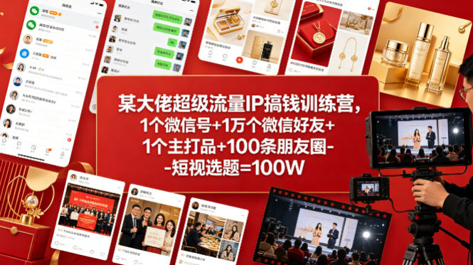 某大佬超级流量IP搞钱训练营,1个微信号+1万个微信好友+1个主打品+100条朋友圈-短视选题=100W-一人公司创业项目 - 淘金吧