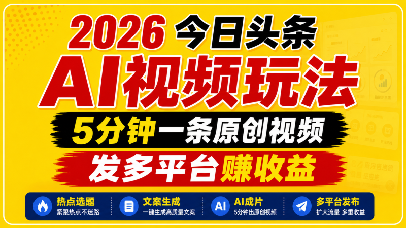 2026今日头条AI视频玩法，5分钟一条原创视频，发多平台赚收益-一人公司创业项目 - 淘金吧
