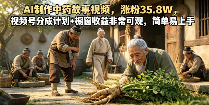 AI制作中药故事视频,涨粉35.8W,视频号分成计划+橱窗收益非常可观,简单易上手-一人公司创业项目 - 淘金吧
