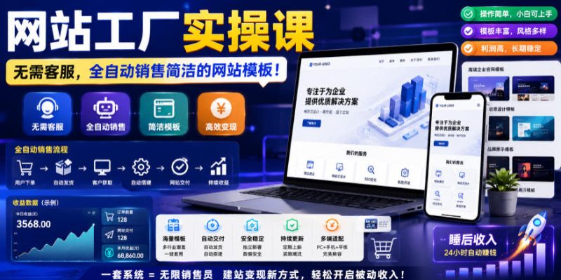 网站工厂实操课,无需客服,网站模板自动赚钱!【原创双语字幕】-一人公司创业项目 - 淘金吧