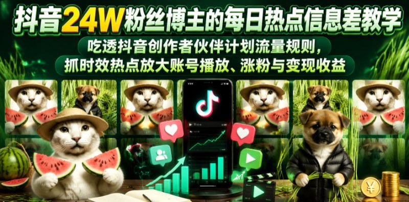 抖音24W粉丝博主的每日热点信息差教学,吃透创作者伙伴计划流量规则,抓时效热点放大账号播放、涨粉与变现收益-一人公司创业项目 - 淘金吧