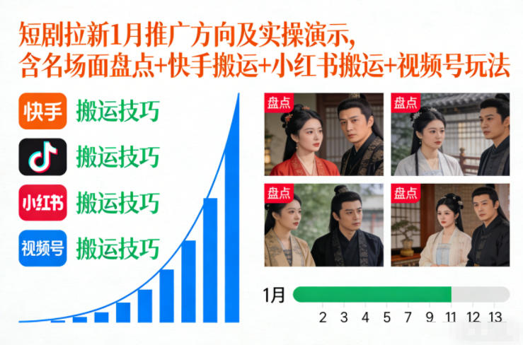 短剧拉新1月推广方向及实操演示，含名场面盘点+快手搬运+小红书搬运+视频号玩法-一人公司创业项目 - 淘金吧
