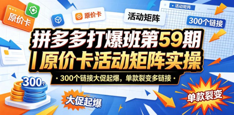 拼多多打爆班第59期｜原价卡活动矩阵实操，300个链接大促起爆，单款裂变多链接-一人公司创业项目 - 淘金吧