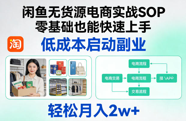 闲鱼无货源电商实战SOP，零基础也能快速上手，低成本启动副业，轻松月入2w+-一人公司创业项目 - 淘金吧