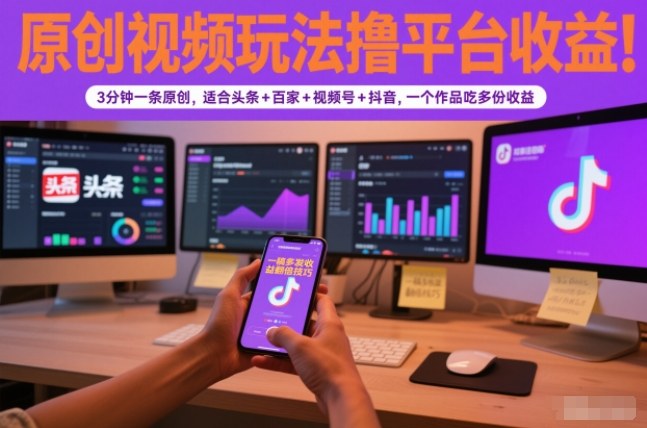 原创视频玩法撸平台收益，3分钟一条原创，适合头条+百家+视频号+抖音，一个作品吃多份收益-一人公司创业项目 - 淘金吧