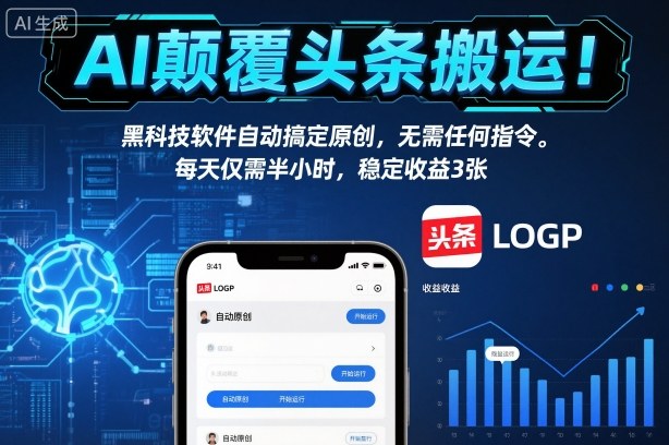 AI颠覆头条搬运！黑科技软件自动搞定原创，无需任何指令。每天仅需半小时，稳定收益3张【揭秘】-一人公司创业项目 - 淘金吧