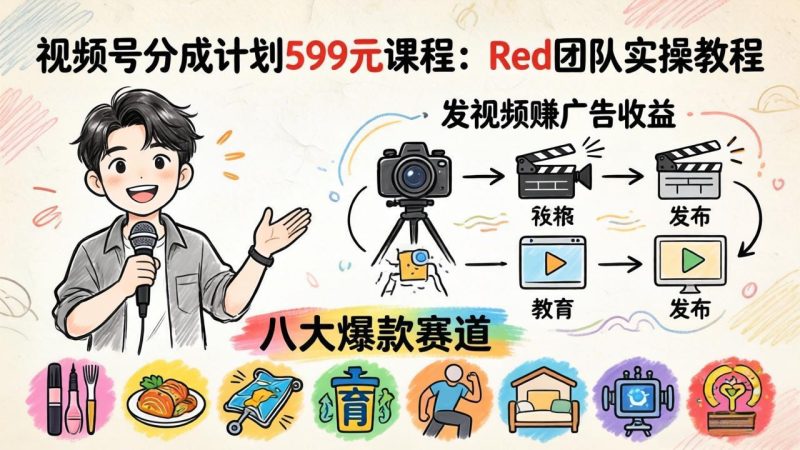 视频号分成计划599元课程：Red团队实操教程，发视频赚广告收益，八大爆款赛道全掌握-一人公司创业项目 - 淘金吧