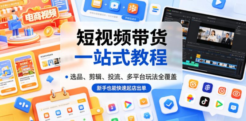 短视频带货一站式教程，选品、剪辑、投流、多平台玩法全覆盖，新手也能快速起店出单-一人公司创业项目 - 淘金吧