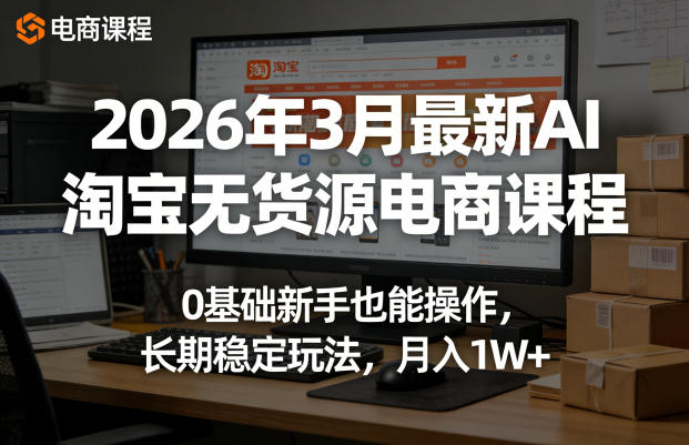 2026年3月最新AI淘宝无货源电商课程，0基础新手也能操作，长期稳定玩法，月入1W+(更新0410)-一人公司创业项目 - 淘金吧