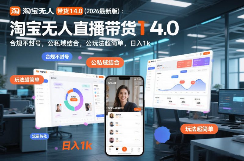 淘宝无人直播带货14.0(2026最新版)：合规不封号，公私域结合，玩法超简单，日入1k+【揭秘】-一人公司创业项目 - 淘金吧