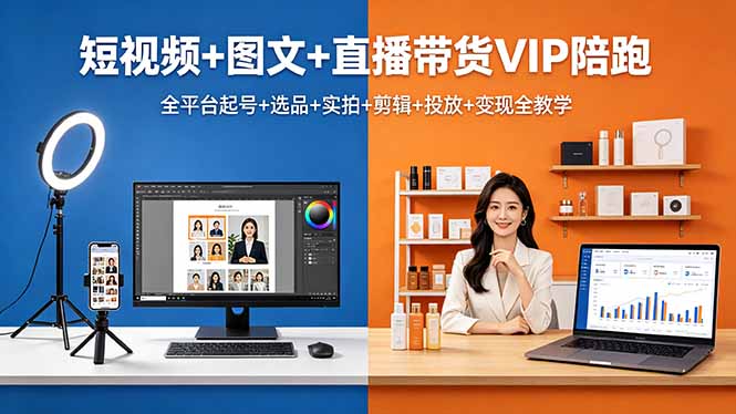 短视频+图文+直播带货VIP陪跑，全平台起号+选品+实拍+剪辑+投放+变现全教学-一人公司创业项目 - 淘金吧