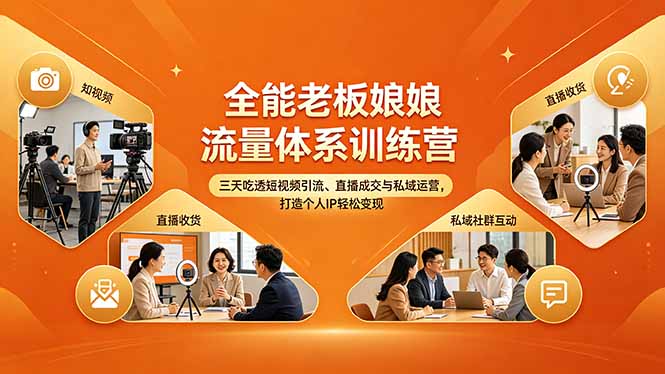 全能老板娘流量体系训练营，三天吃透短视频引流、直播成交与私域运营，打造个人IP轻松变现-一人公司创业项目 - 淘金吧