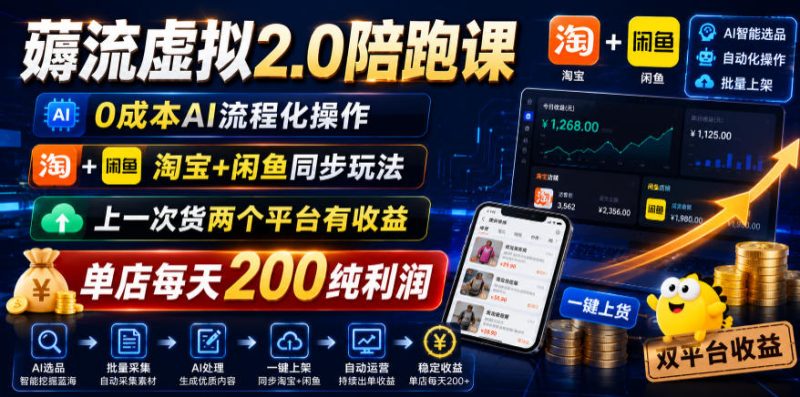 薅流虚拟2.0陪跑课,0成本AI流程化操作,淘宝+闲鱼同步玩法,上一次货两个平台有收益,单店每天200纯利润-一人公司创业项目 - 淘金吧