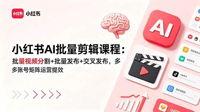 （18959期）小红书AI批量剪辑课程：批量视频分割+批量发布+交叉发布，多账号矩阵运营提效-一人公司创业项目 - 淘金吧