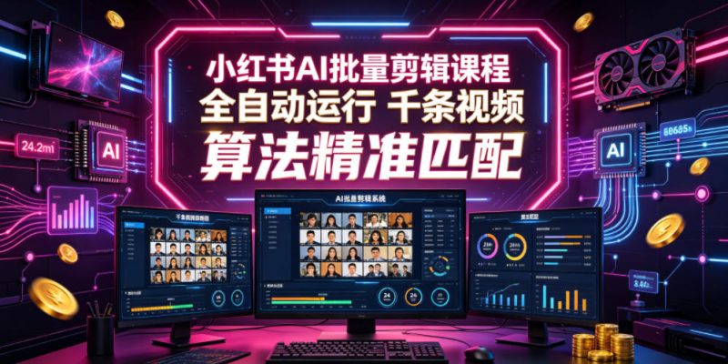 小红书AI批量剪辑课程，24小时全自动运行，解放双手专注运营，千条视频批量处理，小红书算法精准匹配-一人公司创业项目 - 淘金吧