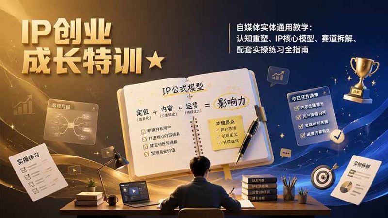 （19567期）IP创业成长特训★自媒体实体通用教学：认知重塑、IP核心模型、赛道拆解、配套实操练习全指南-淘金吧副业资源站