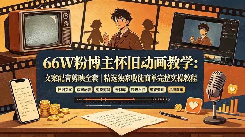 （19499期）66W粉博主怀旧动画教学：文案配音剪映全套｜精选独家收徒商单完整实操教程-淘金吧副业资源站