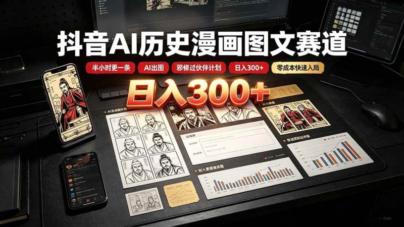 （19498期）抖音AI历史漫画图文赛道：半小时更一条×AI出图×邪修过伙伴计划×日入300+，零成本快速入局-淘金吧副业资源站