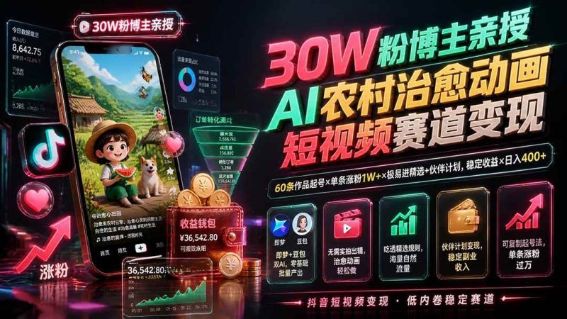 （19648期）30W粉博主亲授AI农村治愈动画短视频赛道变现：60条作品起号×单条涨粉1W+×极易进精选+伙伴计划，稳定收益×日入400+-淘金吧副业资源站